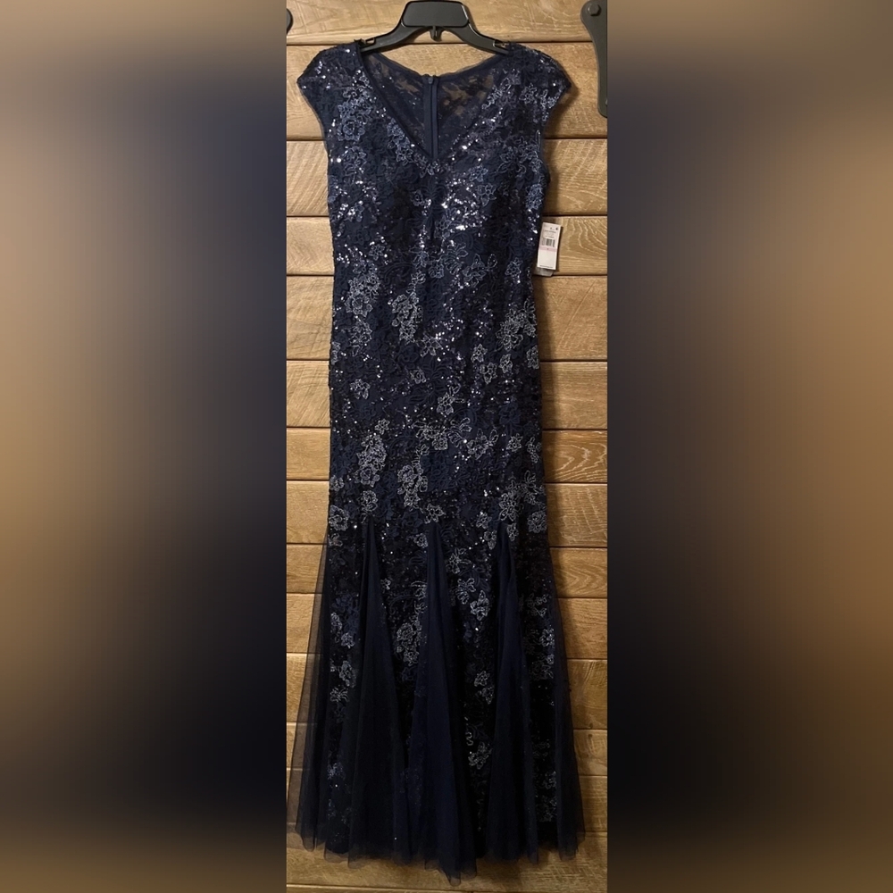 Alex Evenings Navy Sequined Lace Tulle Maxi Dress 14P